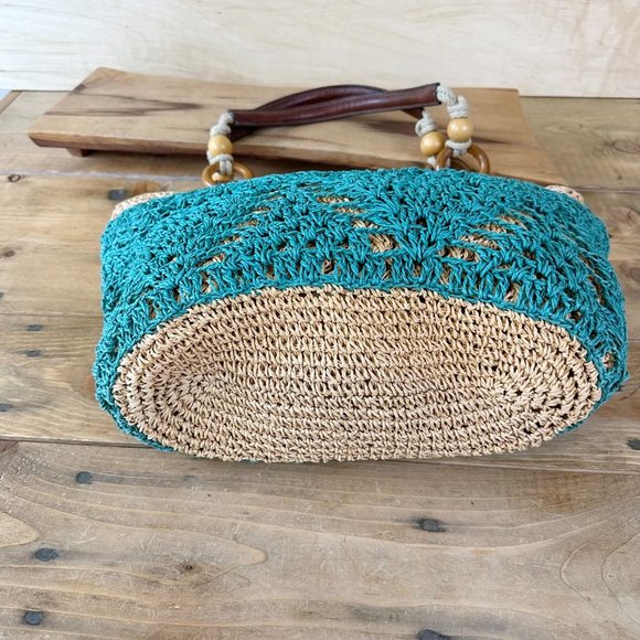 NWT‎ FOSSIL Hathaway Straw Tote Dark Teal and Tan Market Bag - Picture 5 of 6